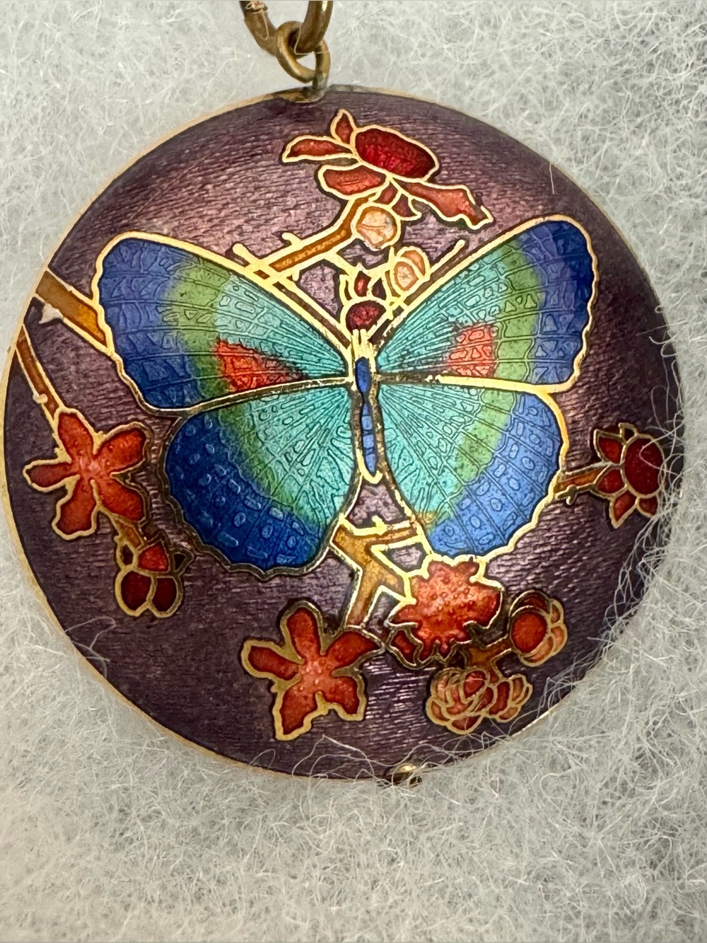Vintage Vendome Cloisonné Butterfly Pendant on Long Gold Chain